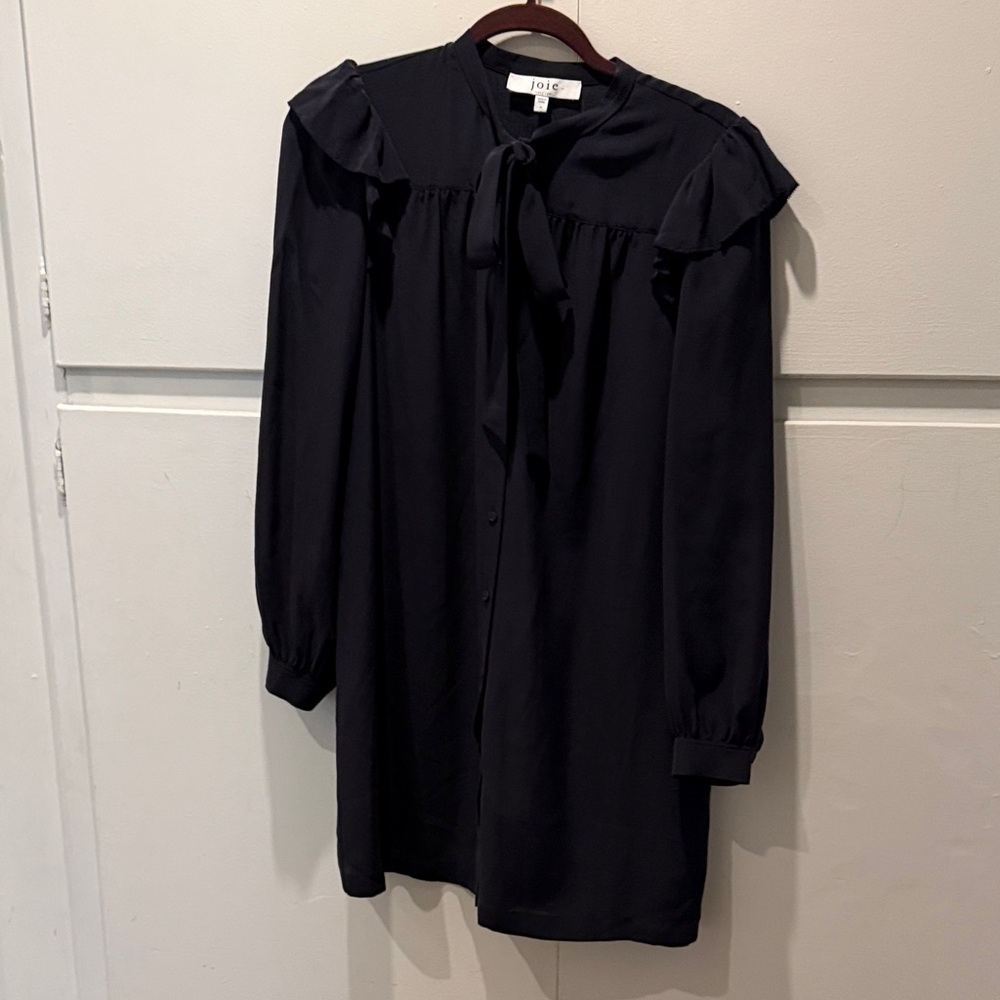 Joie Black Ruffle-Shoulder Tie-Neck Mini Dress
